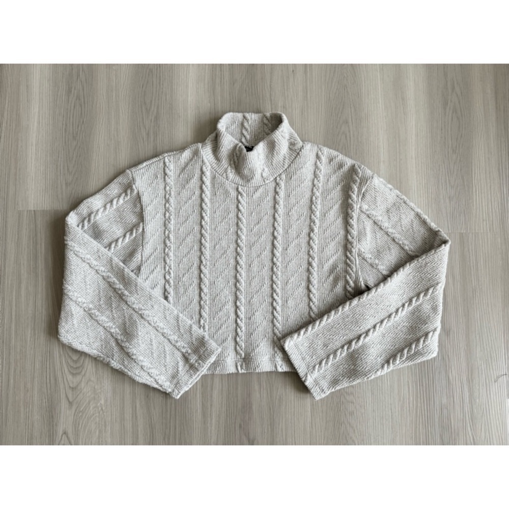 ZARA Cream Cable-Knit Mockneck Long-Sleeve Top